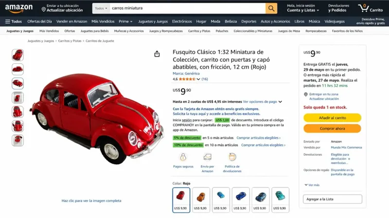 Anúncio de miniatura de carro à venda com preço na Amazon