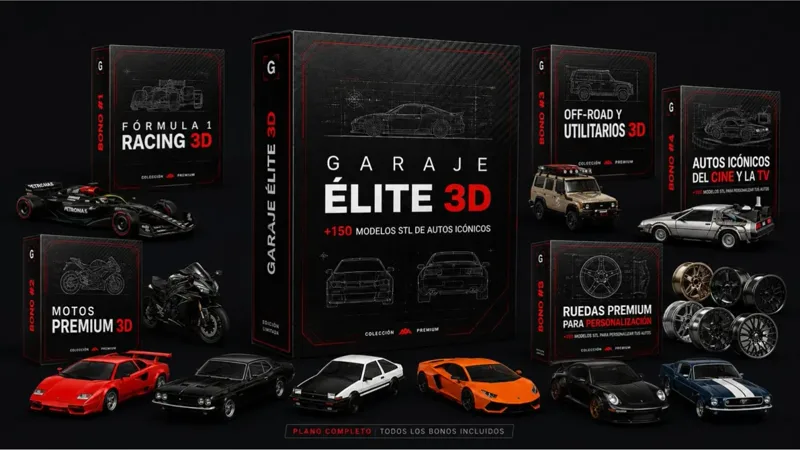 Mockup do pack completo GARAJE ÉLITE 3D com mais de 150 arquivos STL e os bônus