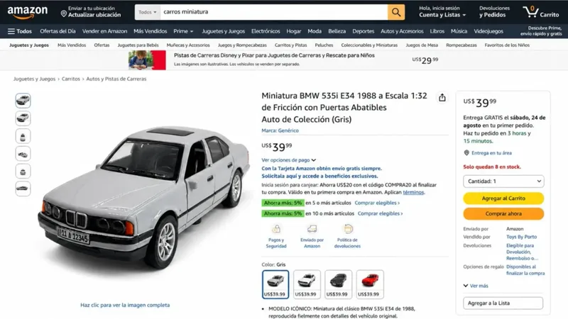 Anúncio de miniatura de carro à venda com preço na Amazon